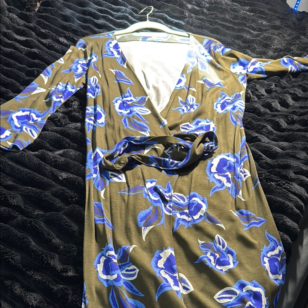 Diane Von Furstenberg Olive and Blue Floral Wrap Dress